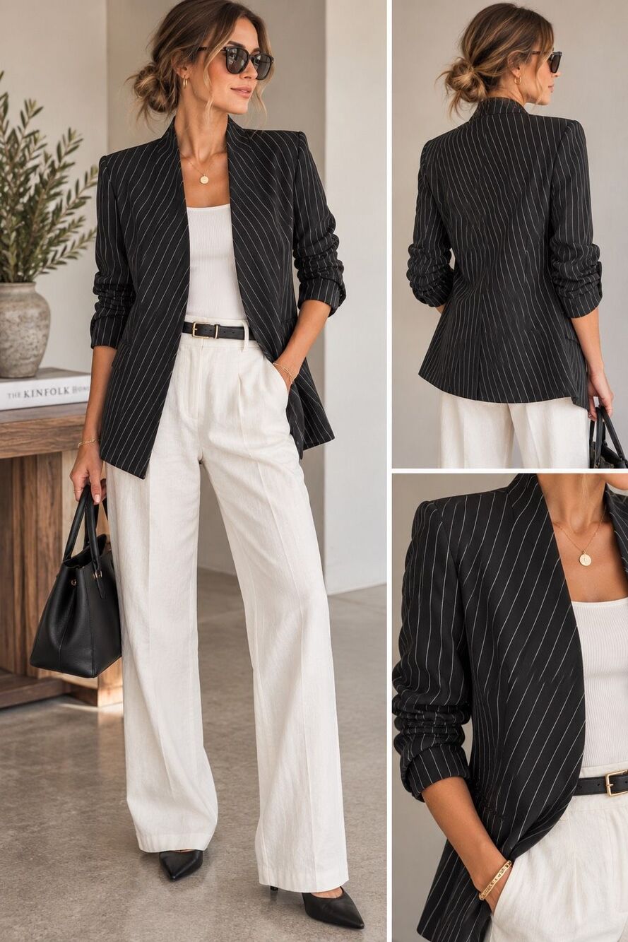 Rachel Zoe M Pinstripe Blazer Ruched 3/4 Sleeve Longline Open Front Workwear